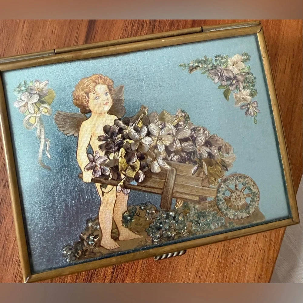 Vintage Gold and Blue Jewelry Organizer Angel Mirrored Glass Trinket box